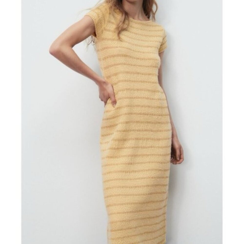 NWT ZARA WOOL‎ Blend Knit Cap Sleeve Contrast Detail Midi Dress 9698/033 LARGE